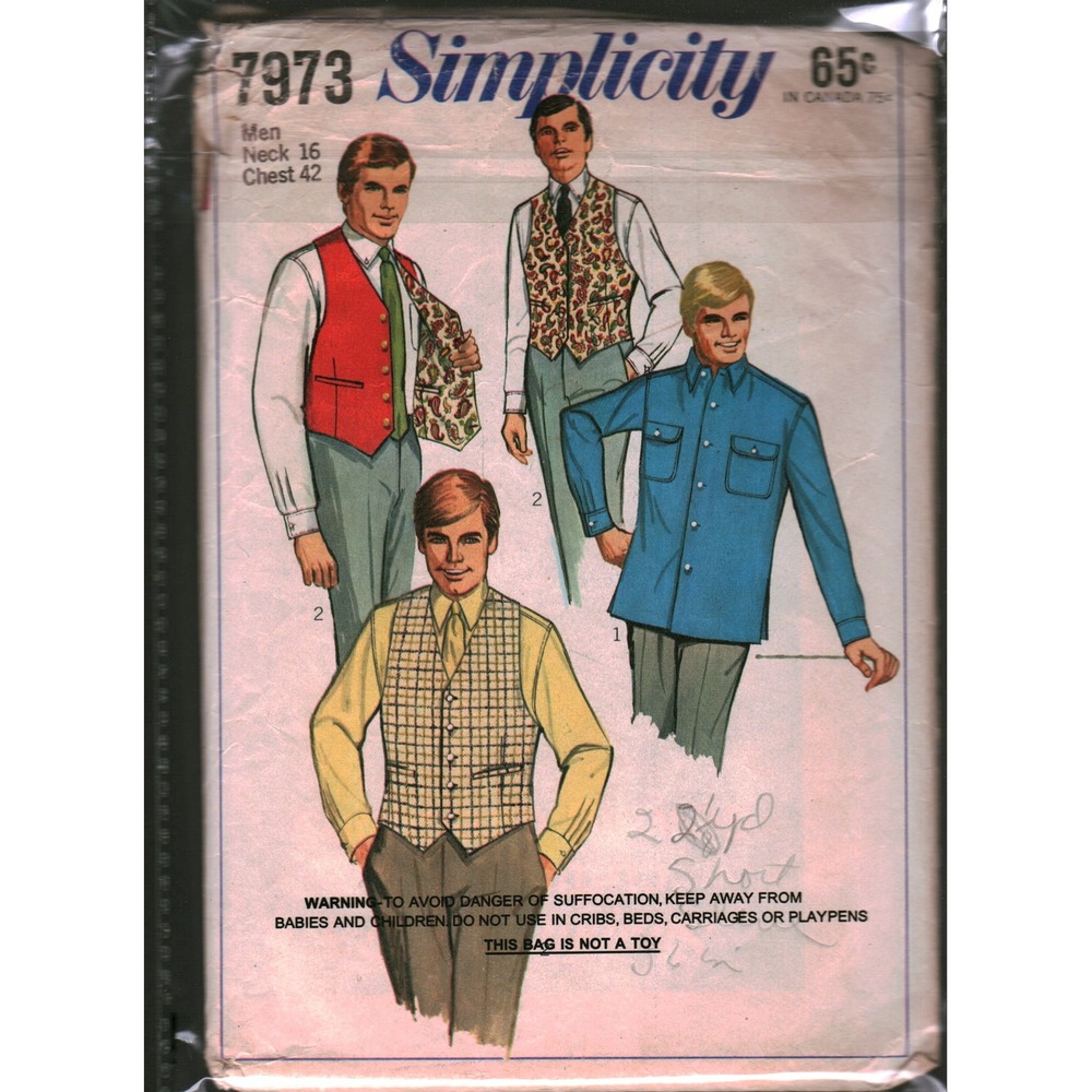 Vintage 1968 Simplicity 7973 Mens Shirt and Reversible Vest Pattern Chest 42